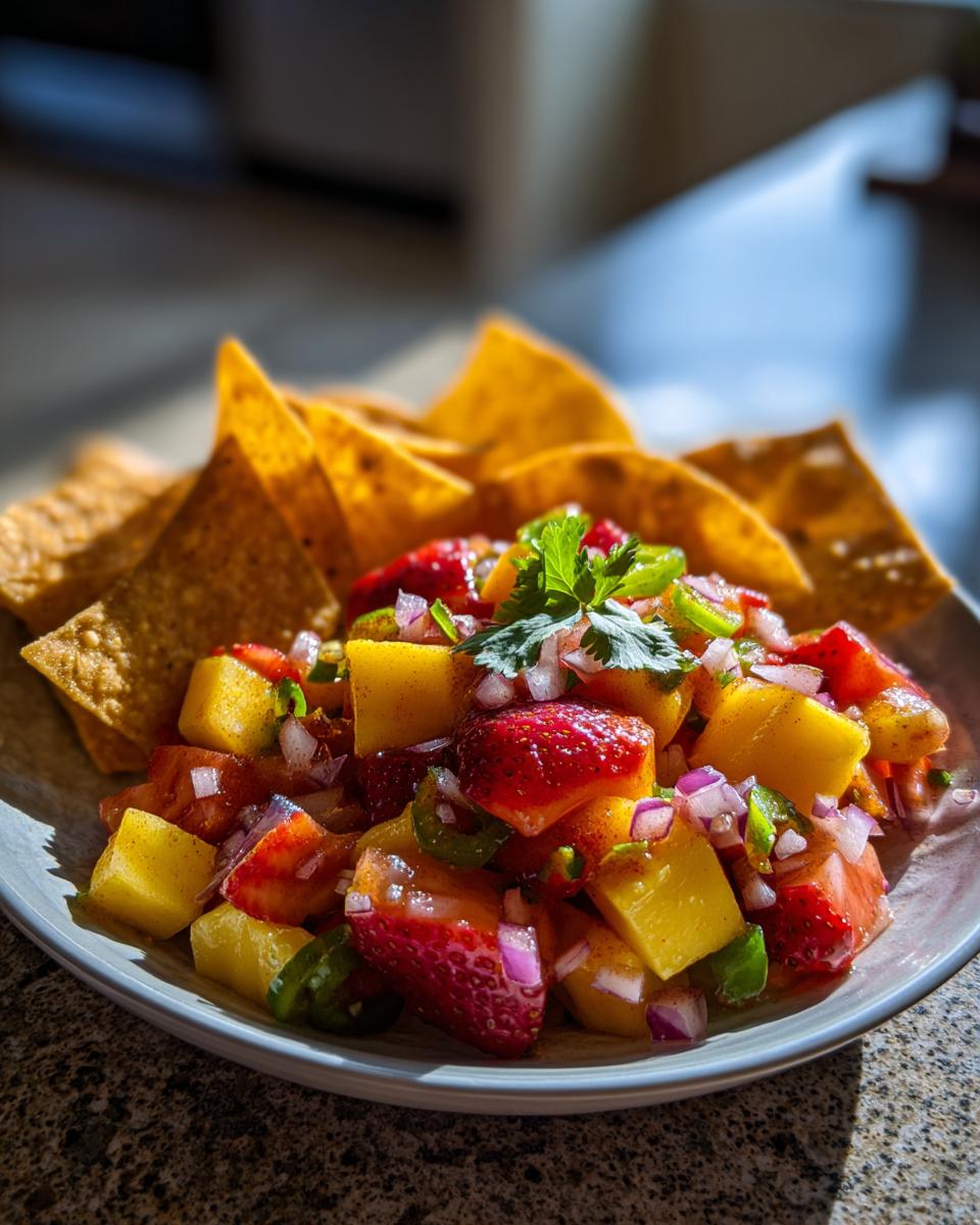 A close-up of a bowl filled with colorful fruit salsa made from strawberries, mango, red onion, and jalapeño, served with cinnamon chips.