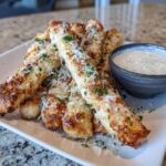 A plate of golden brown Easy Garlic Parmesan Breadsticks topped with shredded cheese and parsley, served with a bowl of garlic dipping sauce.