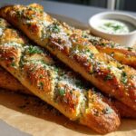 Golden brown Easy Garlic Parmesan Breadsticks sprinkled with parsley and cheese, served with a creamy garlic dipping sauce.