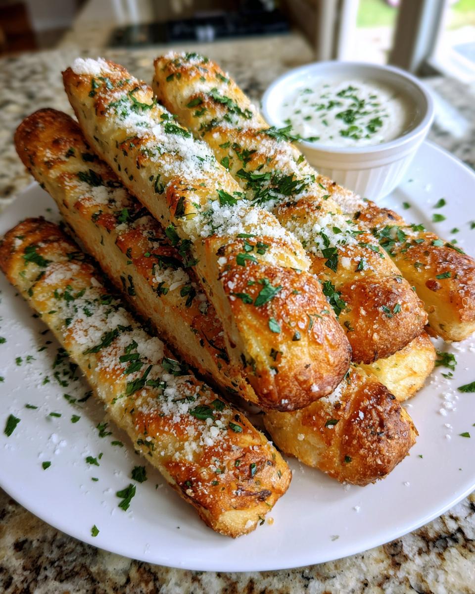 Golden brown Easy Garlic Parmesan Breadsticks sprinkled with fresh parsley and grated cheese, served with a side of creamy garlic dipping sauce.