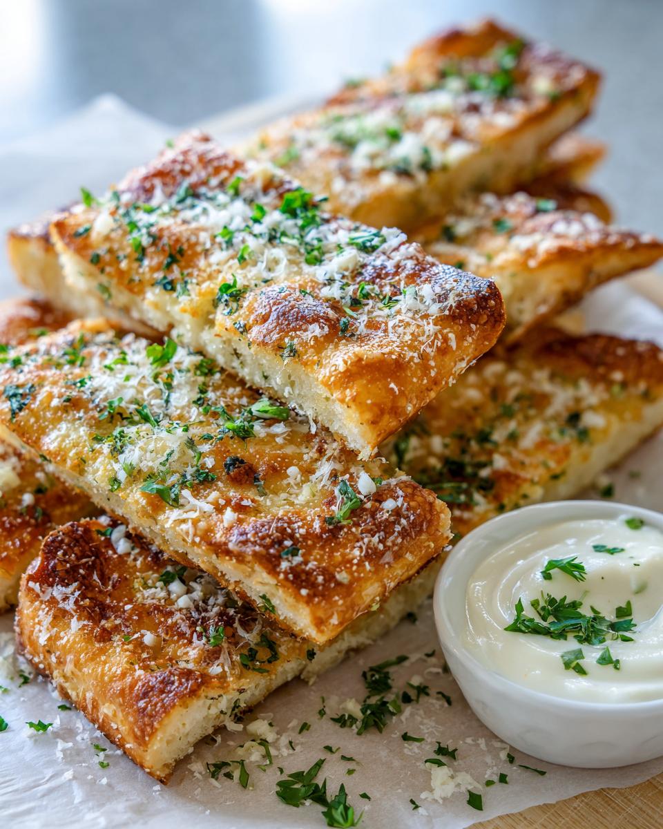 A stack of golden brown Easy Garlic Parmesan Breadsticks topped with grated cheese and parsley, served with a side of garlic dipping sauce.