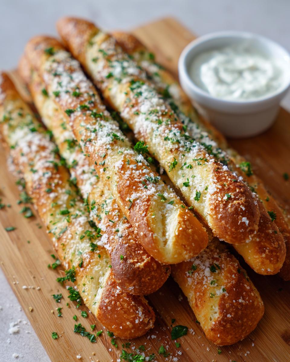 A pile of golden-brown Easy Garlic Parmesan Breadsticks sprinkled with parsley and cheese, served with a bowl of creamy garlic dipping sauce.