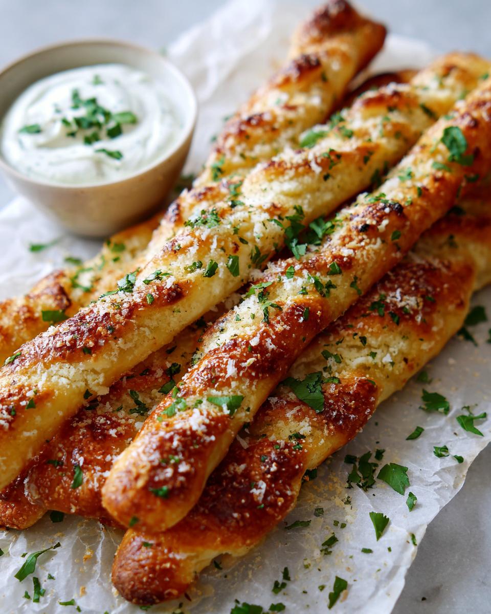 Golden brown Easy Garlic Parmesan Breadsticks sprinkled with fresh parsley and served with a creamy garlic dipping sauce.