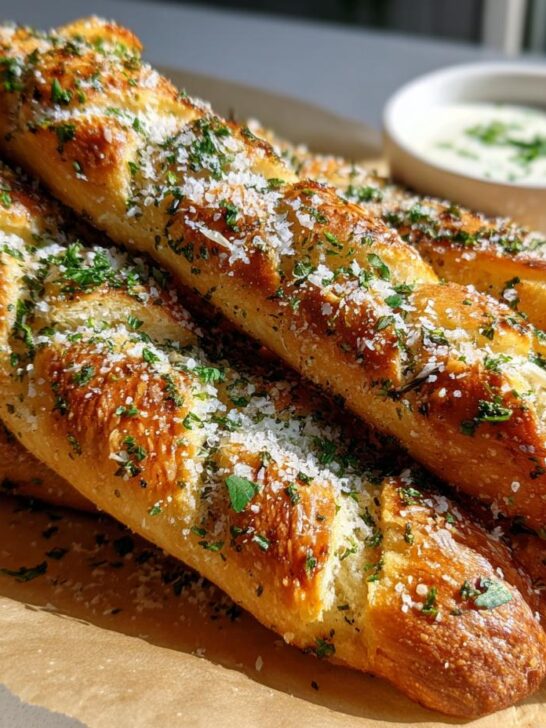 Golden brown Easy Garlic Parmesan Breadsticks sprinkled with parsley and cheese, served with a creamy garlic dipping sauce.