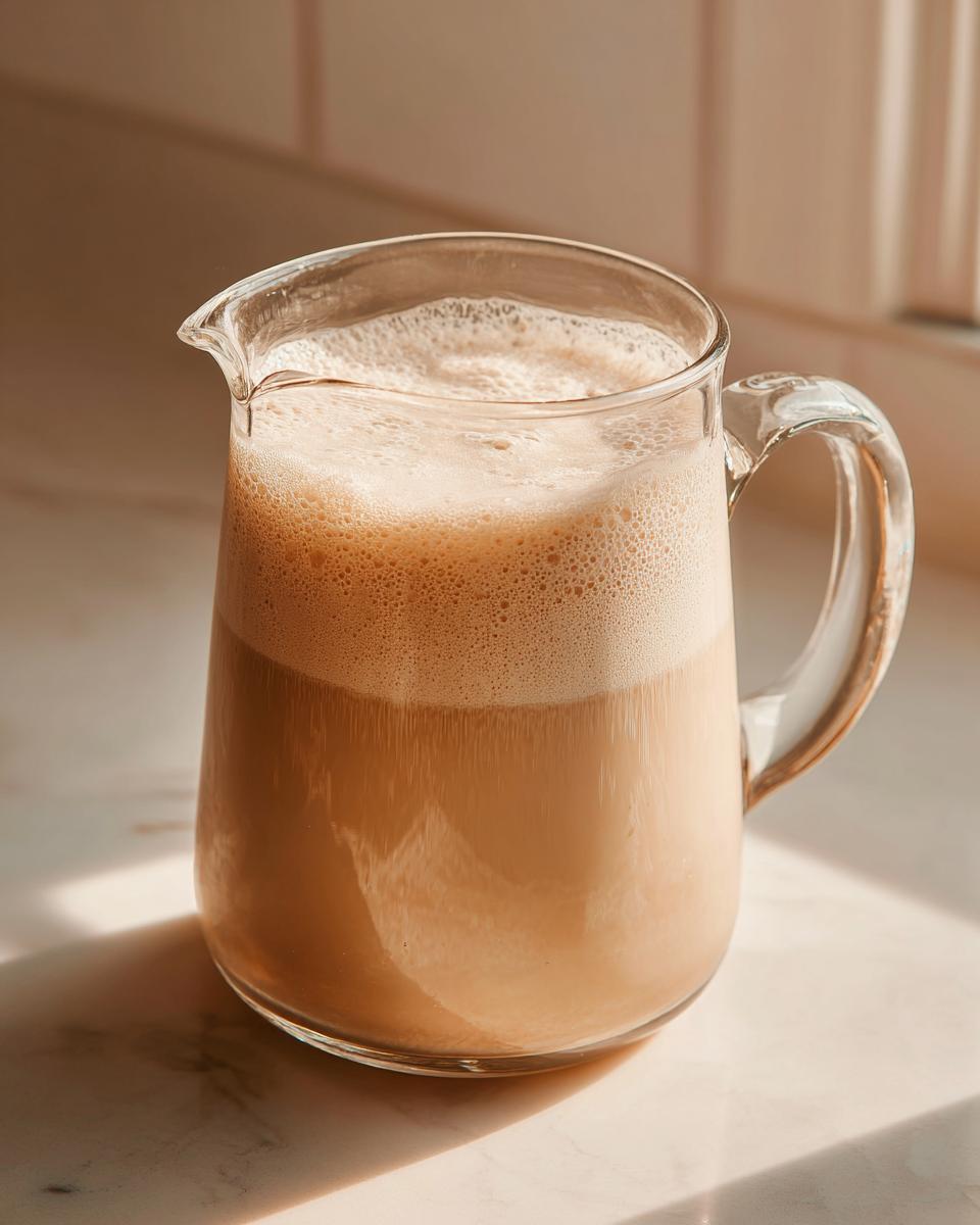 A glass pitcher filled with frothy, creamy Easy Homemade Oat Milk, catching the sunlight.