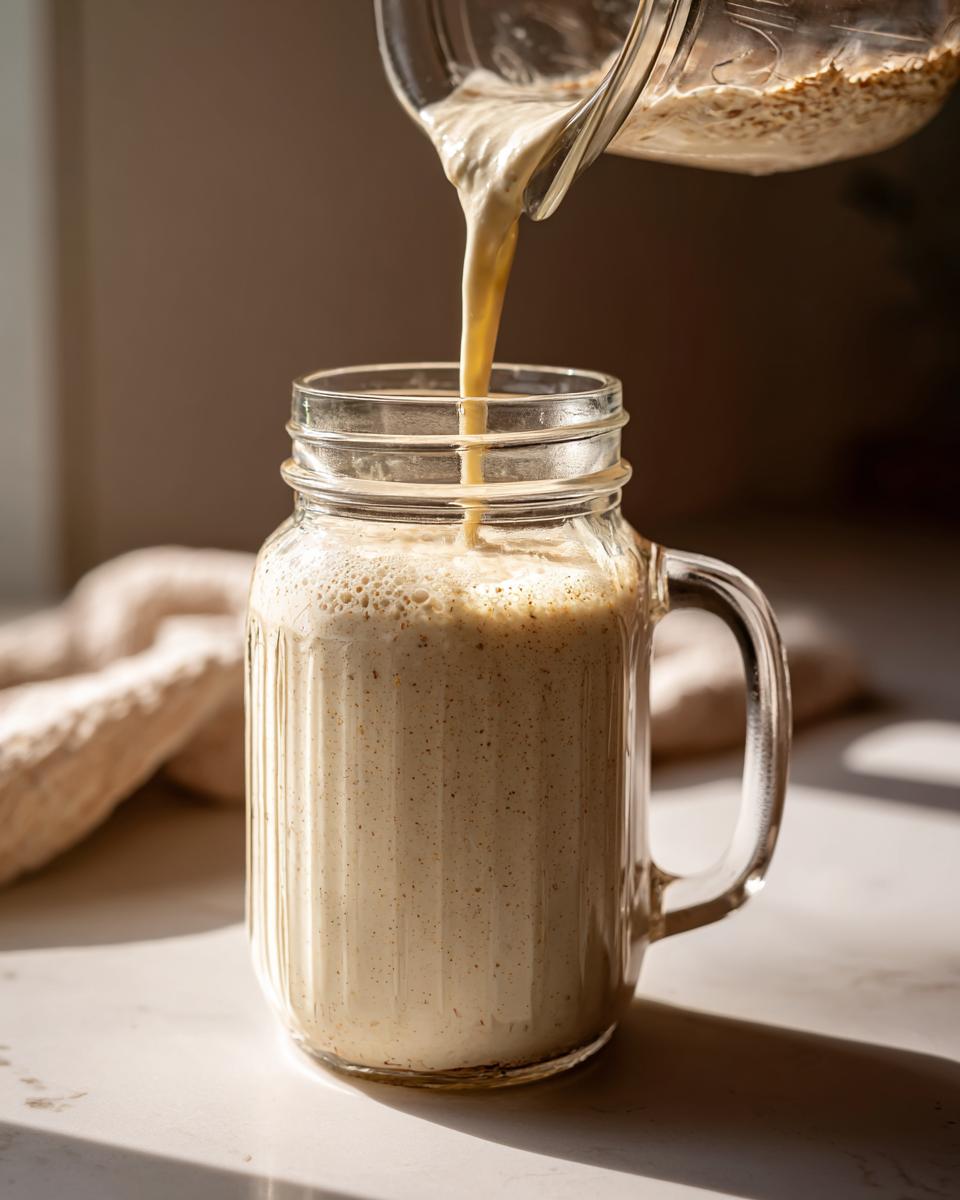 Pouring fresh Easy Homemade Oat Milk into a glass jar mug with a frothy top.