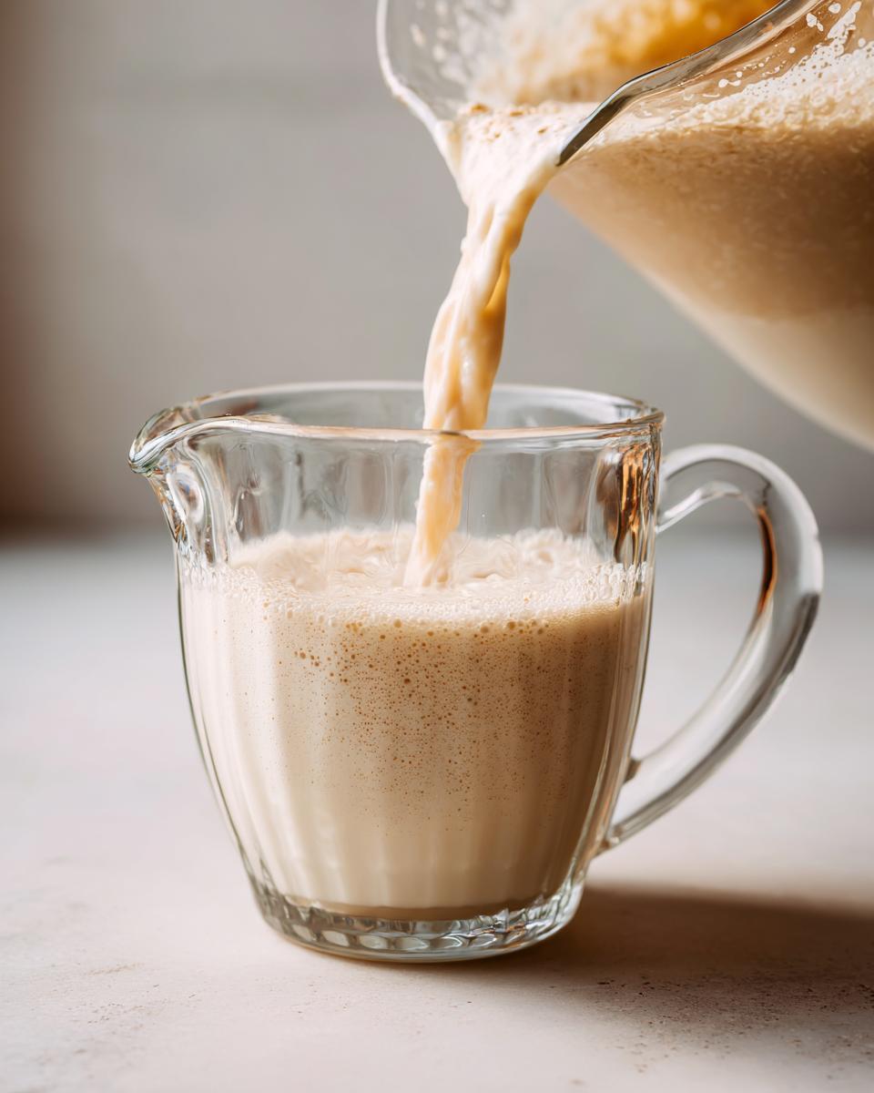 Close-up of creamy Easy Homemade Oat Milk being poured from a pitcher into a glass mug.