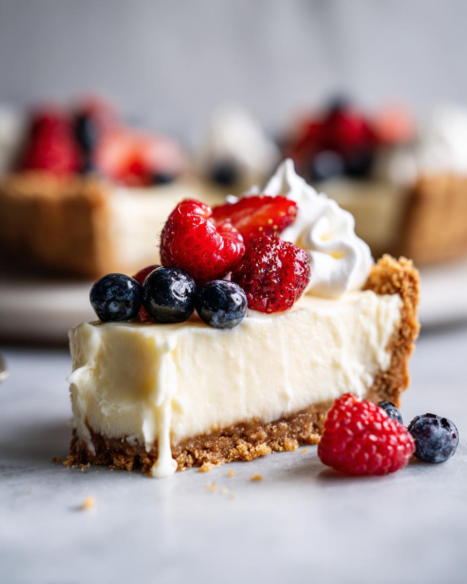 A slice of easy no bake cheesecake topped with fresh strawberries, blueberries, raspberries, and whipped cream.