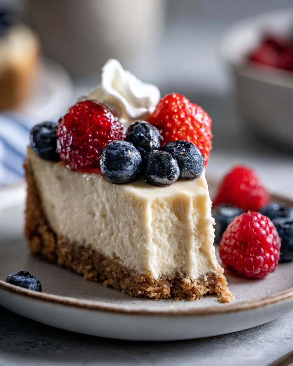 A slice of creamy no bake cheesecake topped with fresh strawberries, blueberries, and a dollop of whipped cream.