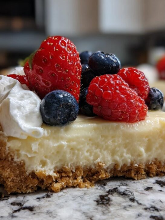 A slice of creamy no bake cheesecake with a graham cracker crust, topped with fresh berries and whipped cream.