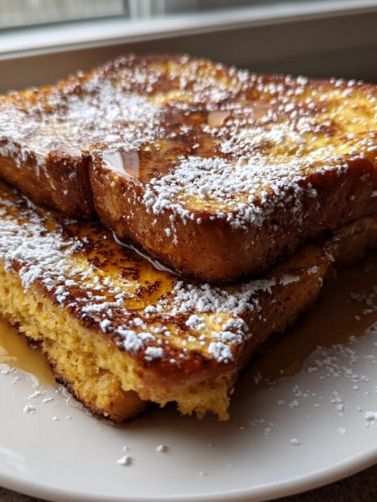 Two thick slices of golden Eggnog French Toast stacked on a white plate, drizzled with syrup and dusted heavily with powdered sugar.