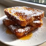 A stack of three golden-brown Eggnog French Toast slices dusted with powdered sugar and drizzled with syrup.