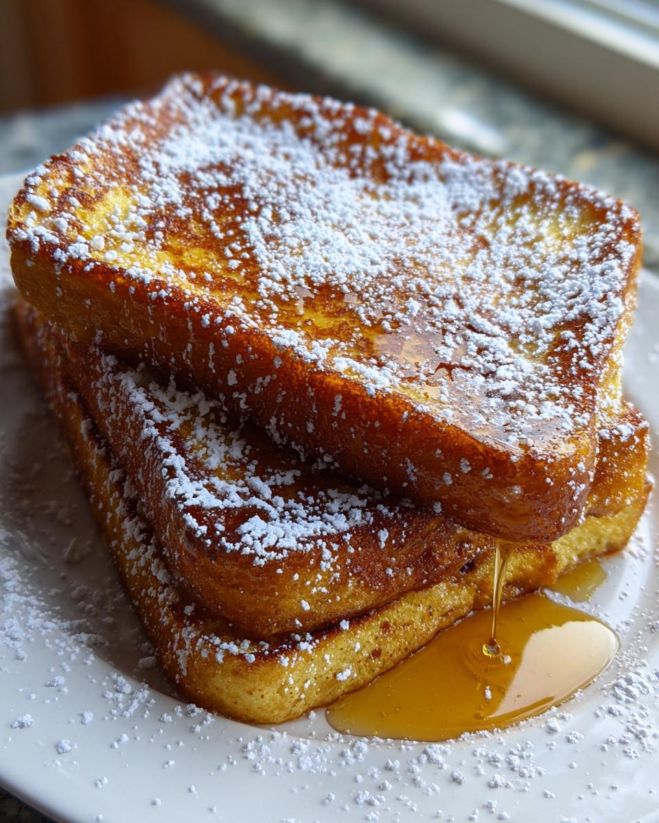 Close-up of three slices of golden Eggnog French Toast stacked, dusted with powdered sugar, and drizzled with syrup.