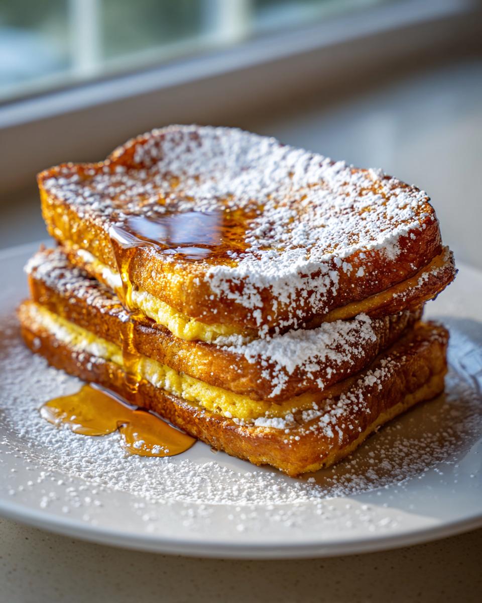 A stack of golden brown Eggnog French Toast dusted heavily with powdered sugar and drizzled with syrup.