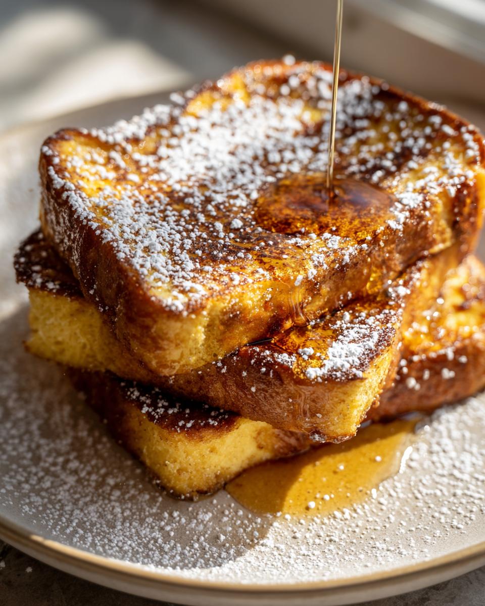 Close-up of a stack of golden Eggnog French Toast dusted with powdered sugar, with syrup being poured on top.