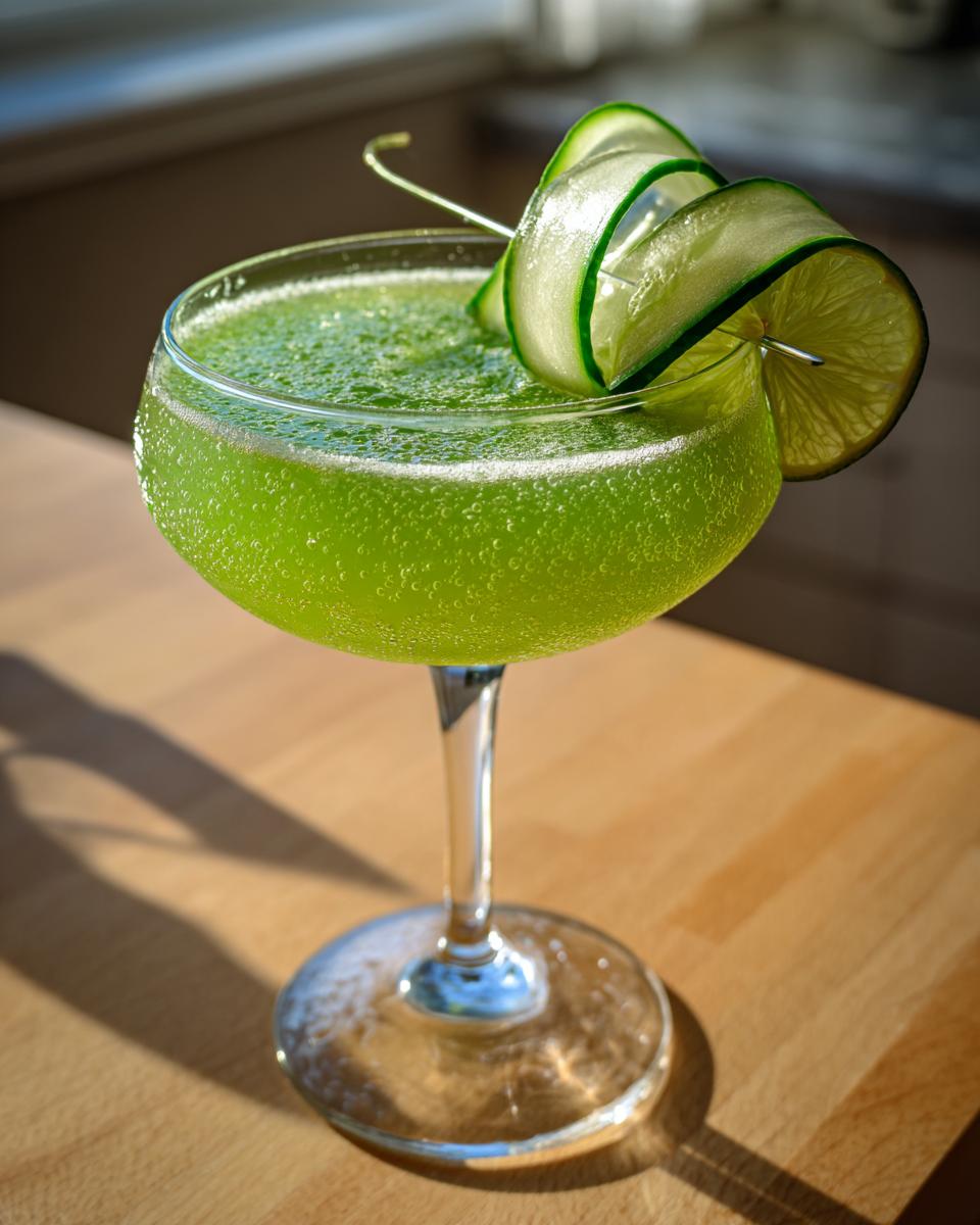 A vibrant green El Pepino Cocktail garnished with cucumber ribbons and a lime wheel on a wooden surface.