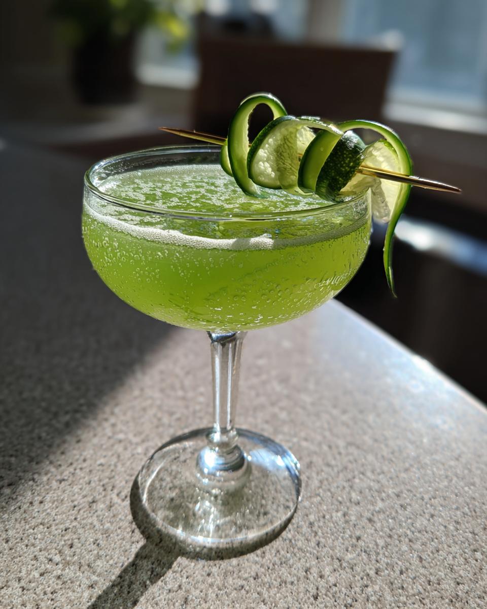 A vibrant green El Pepino Cocktail Recipe served in a coupe glass, garnished with a spiral of fresh cucumber.