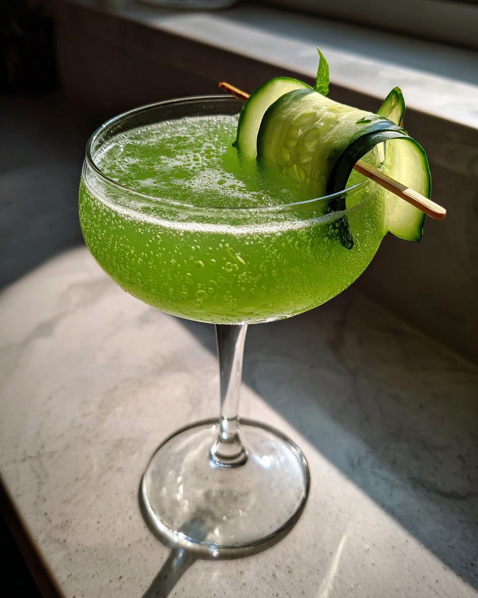 A vibrant green El Pepino Cocktail garnished with cucumber ribbons and mint leaves.