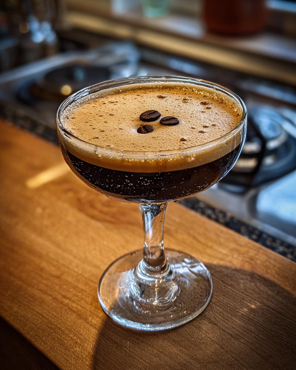 A close-up of a frothy Espresso Martini garnished with three coffee beans, served in a coupe glass.