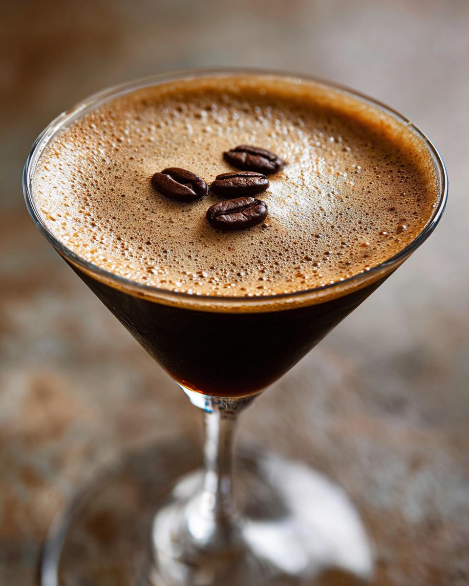 A close-up of a frothy Espresso Martini garnished with three coffee beans.