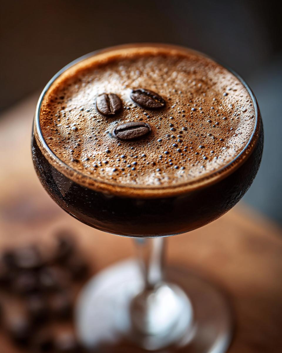 A close-up of a frothy Espresso Martini topped with three coffee beans.