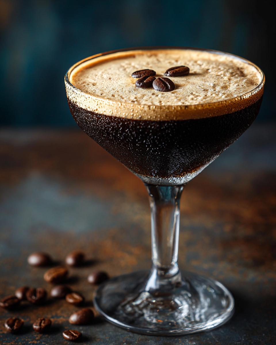 A frothy Espresso Martini garnished with coffee beans, served in a martini glass with scattered beans on the side.