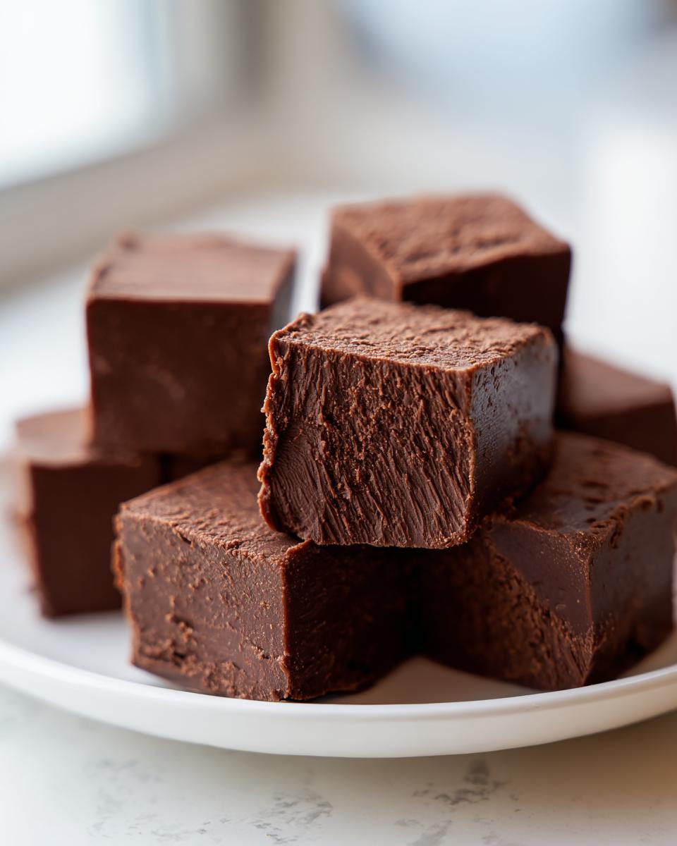 A stack of rich, dark chocolate squares of Fantasy Fudge piled on a white plate.