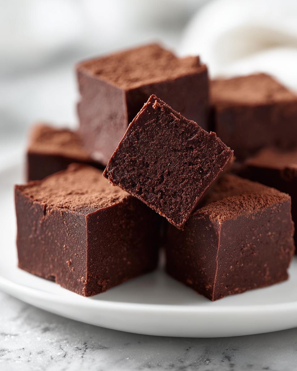 A stack of rich, dark chocolate Fantasy Fudge squares dusted with cocoa powder on a white plate.