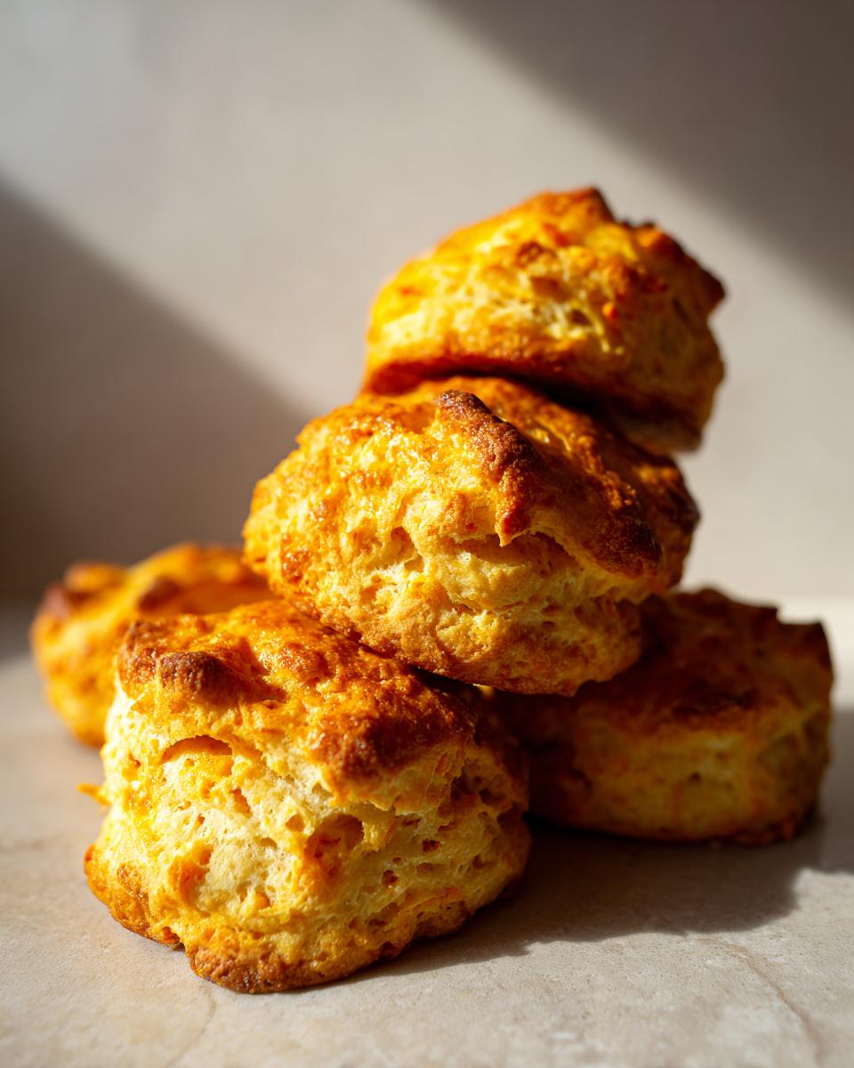 A stack of golden-brown, flaky sweet potato biscuits with a slightly textured surface.