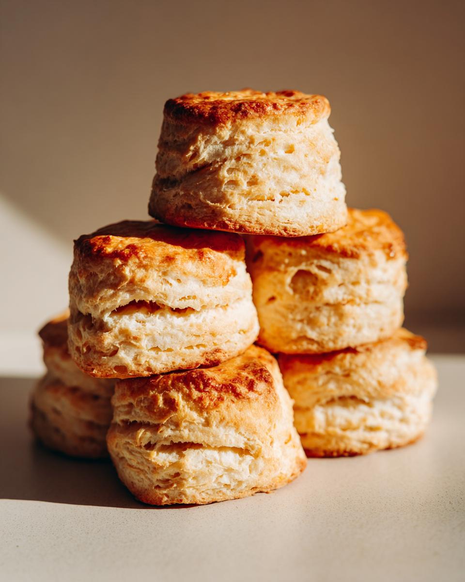A stack of golden-brown, flaky sweet potato biscuits with visible layers.