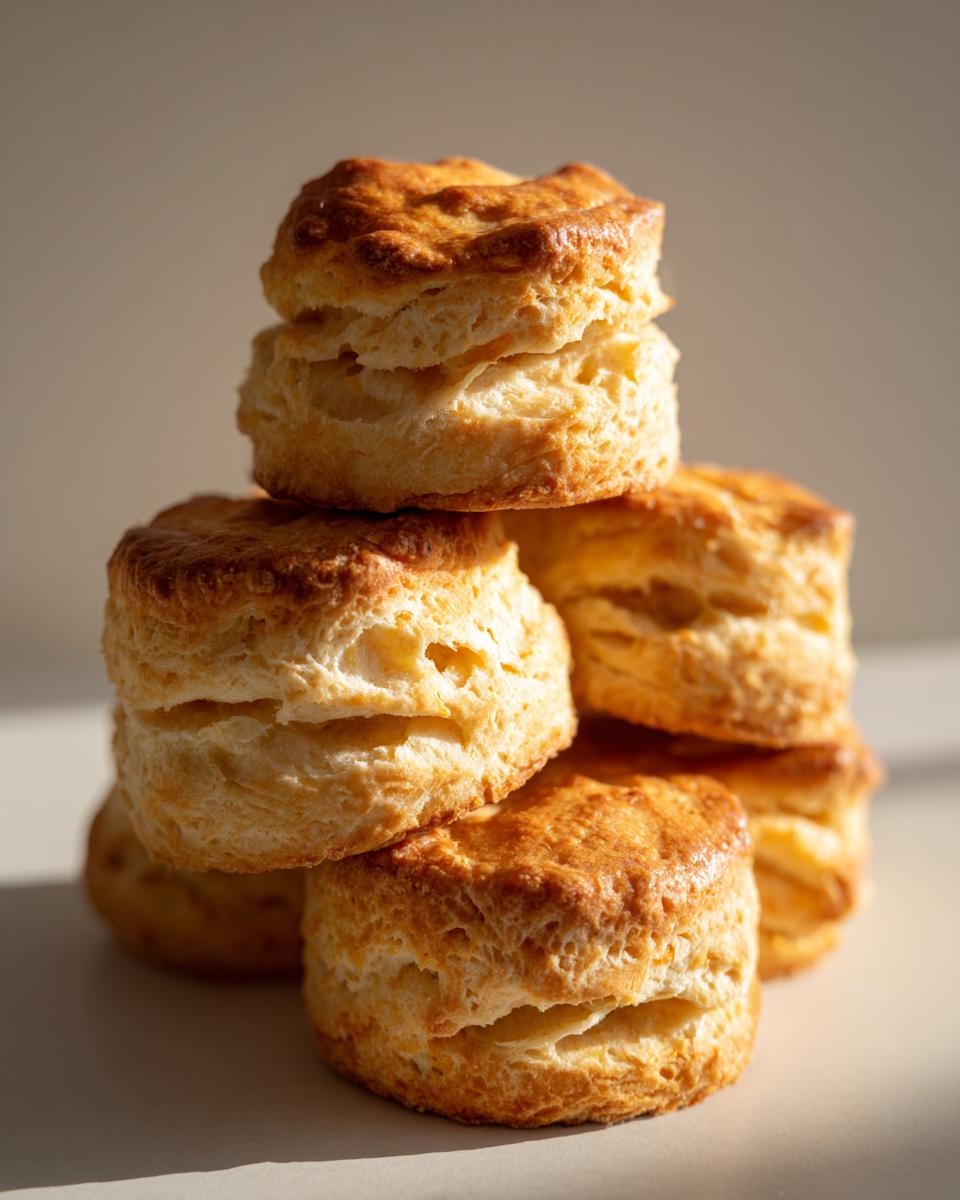 A stack of golden brown, flaky sweet potato biscuits with visible layers.