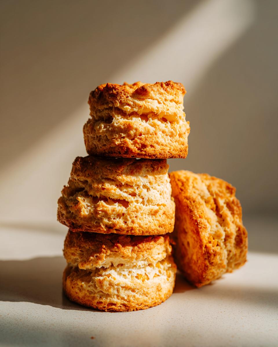 A stack of three golden-brown, flaky sweet potato biscuits with one biscuit to the side.