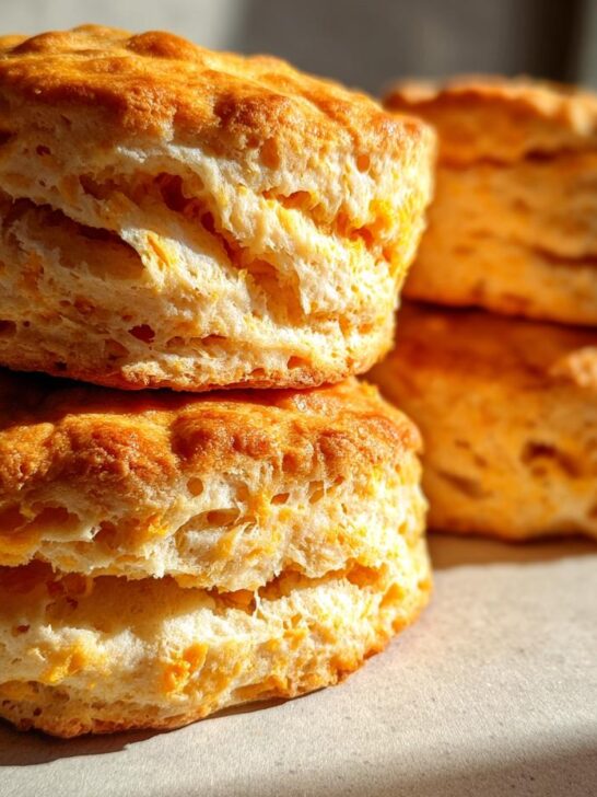 Close-up of a stack of golden brown, flaky sweet potato biscuits with visible layers.