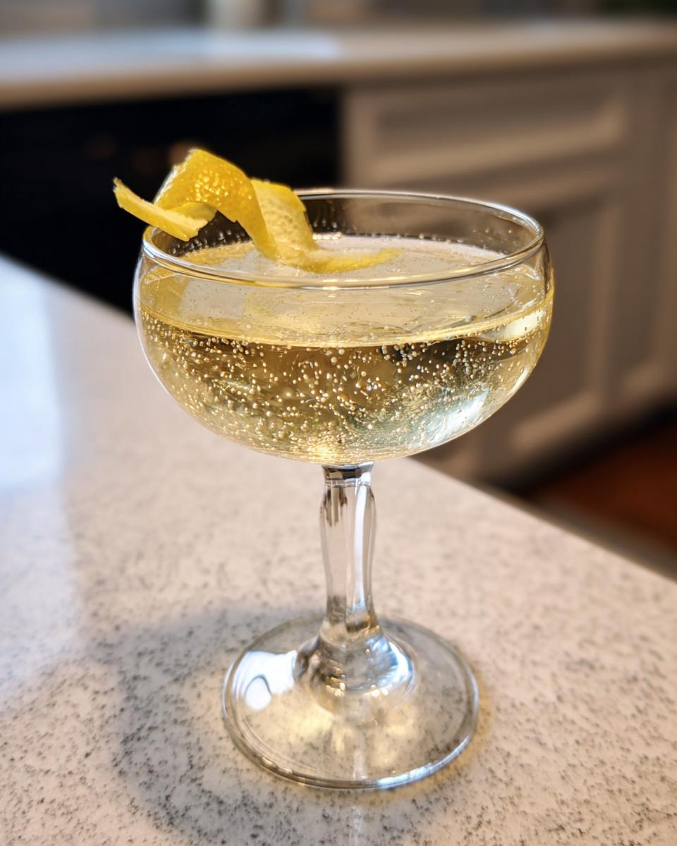 A bubbly French 75 cocktail in a coupe glass, garnished with a lemon twist.