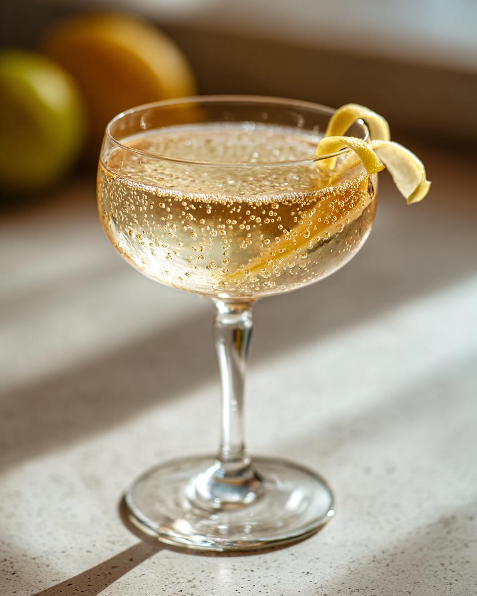 A refreshing French 75 cocktail in a coupe glass, garnished with a lemon twist and filled with bubbly champagne.