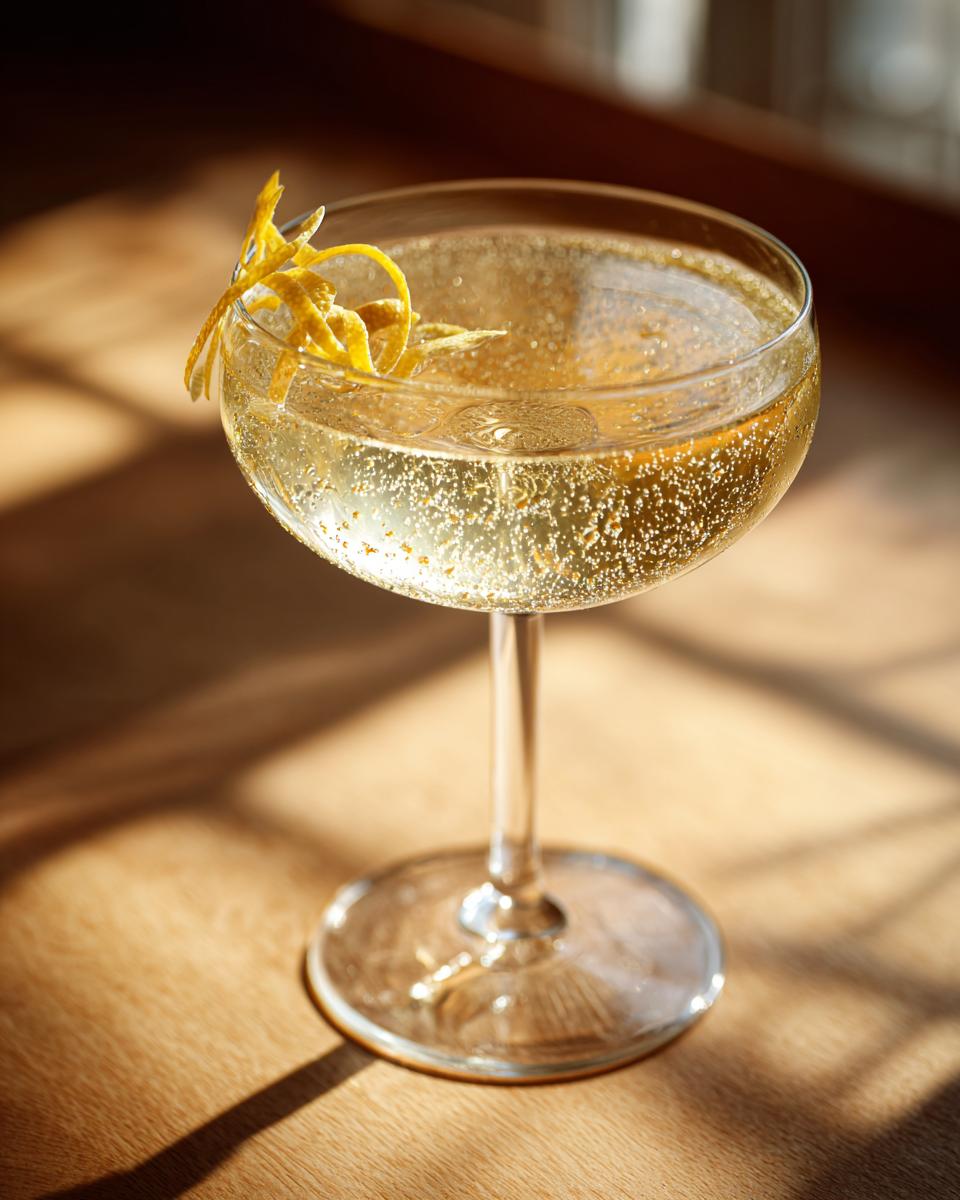 A sparkling French 75 cocktail in a coupe glass, garnished with a lemon twist.