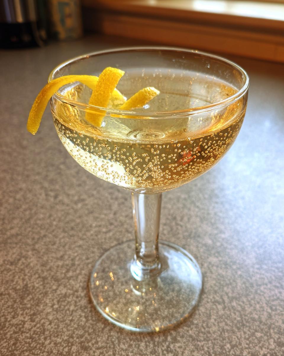 A refreshing French 75 cocktail in a coupe glass, garnished with a lemon twist and filled with bubbles.