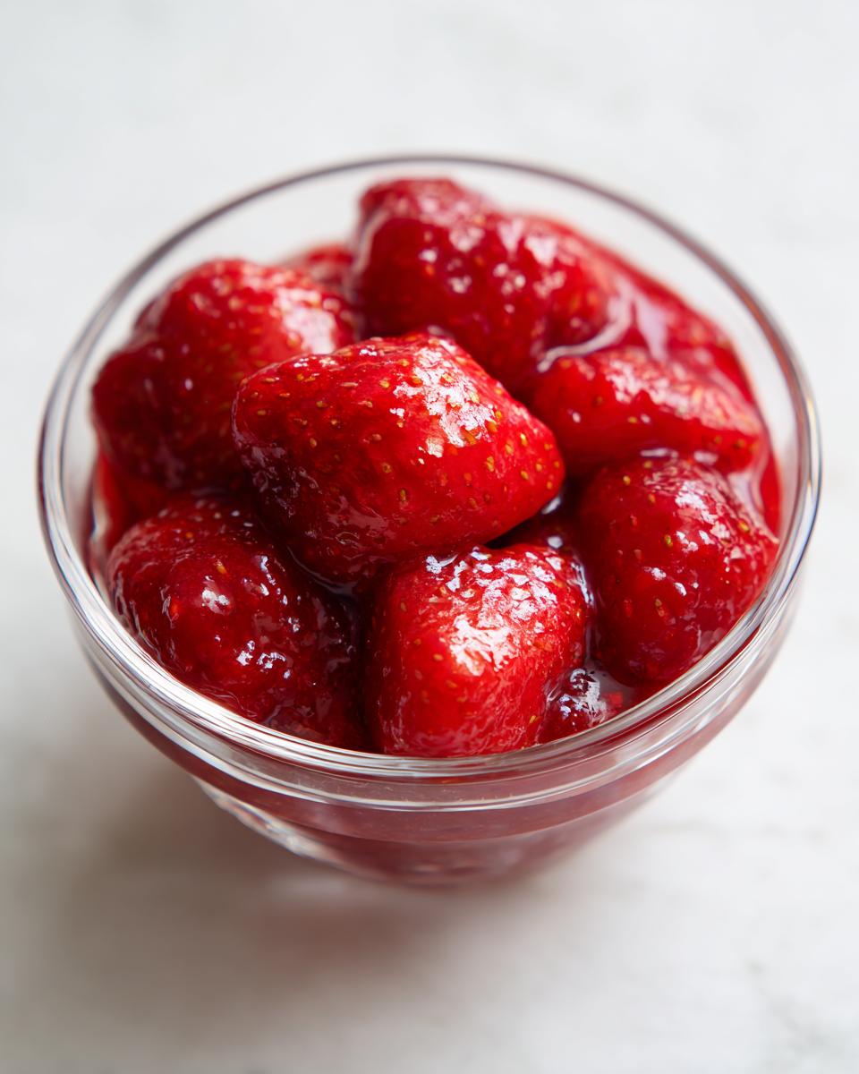 Close-up of ripe strawberries glistening in a clear bowl, ready for a strawberry sauce recipe.