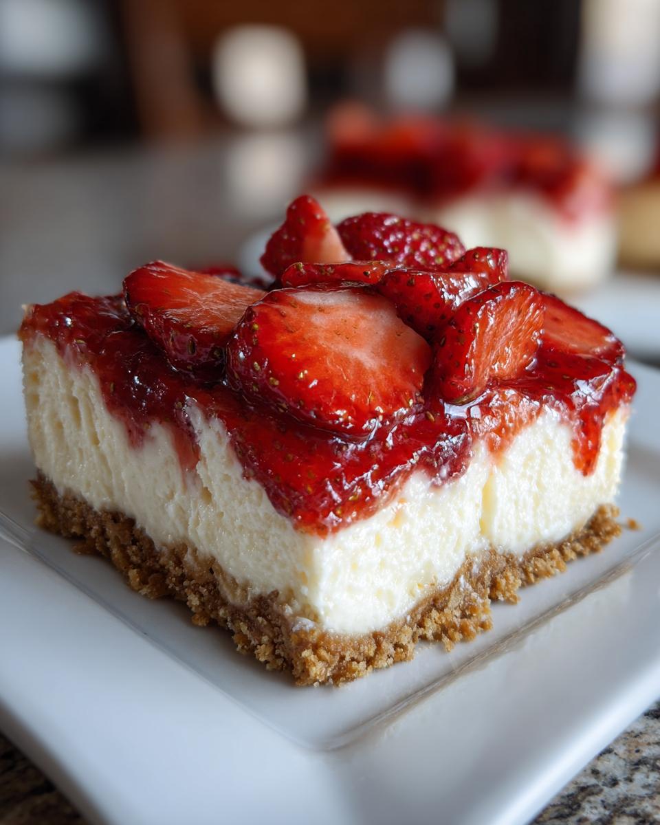 Close-up of a square slice of Fresh Strawberry Cheesecake Bars with a thick graham cracker crust.