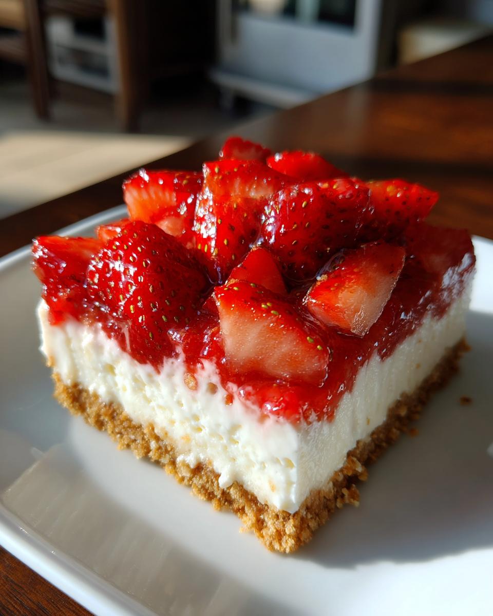 Close-up of a square slice of Fresh Strawberry Cheesecake Bars showing the graham cracker crust, creamy filling, and glazed strawberry topping.