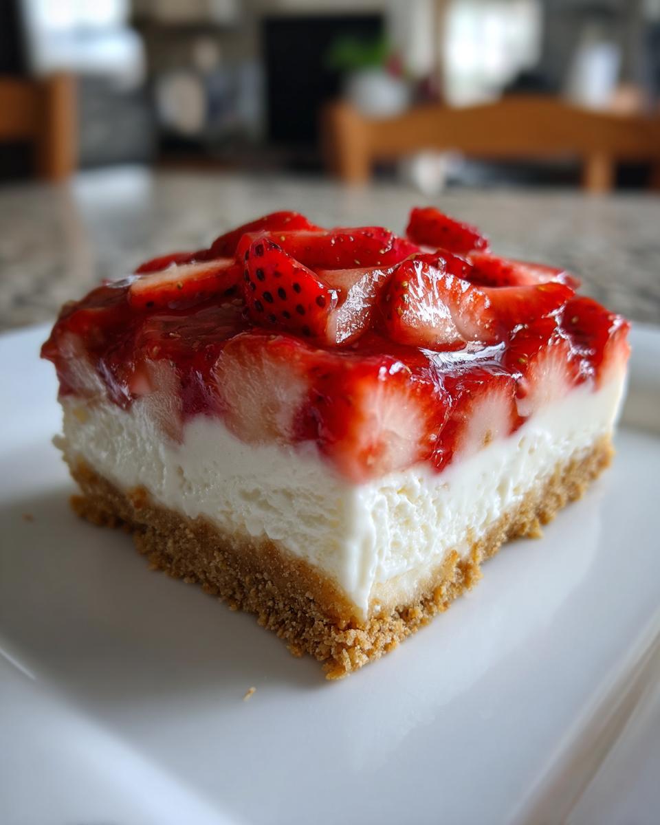 A perfect square slice of Fresh Strawberry Cheesecake Bars with a thick graham cracker crust.