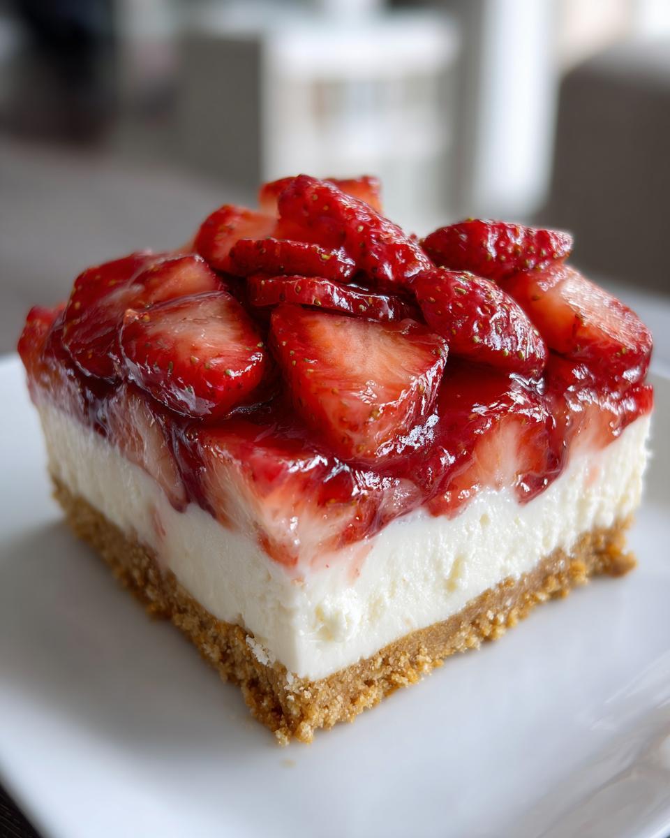 A close-up of a single serving of Fresh Strawberry Cheesecake Bars with a thick graham cracker crust.