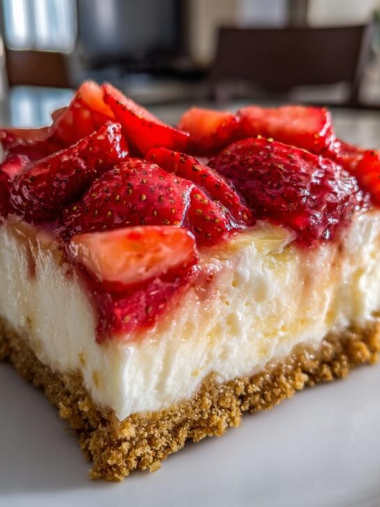 A close-up of a thick slice of Fresh Strawberry Cheesecake Bars with a graham cracker crust, topped with glazed strawberries.
