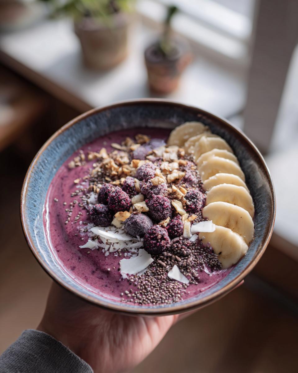 A hand holds a bowl of a vibrant purple smoothie topped with frozen berries, sliced bananas, chia seeds, and granola.