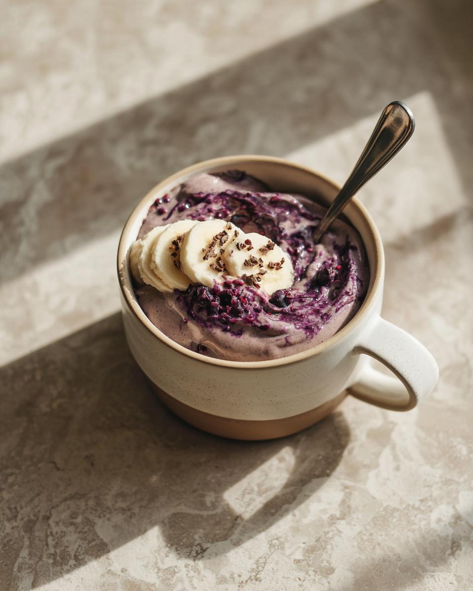 A close-up of a creamy frozen banana smoothie bowl topped with fresh banana slices and blueberries.