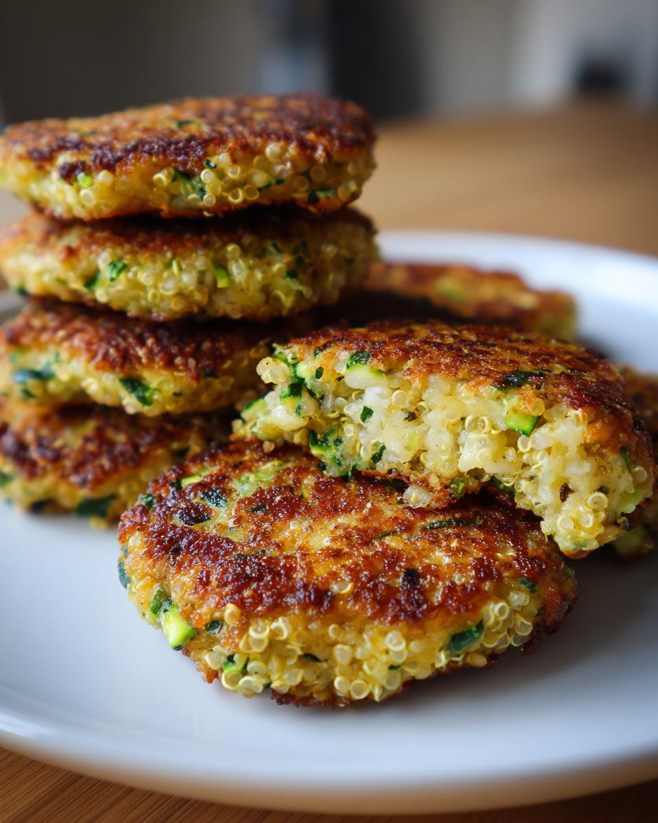 A stack of golden-brown Garlicky Cheesy Quinoa Zucchini Fritters on a white plate, with one fritter broken open.