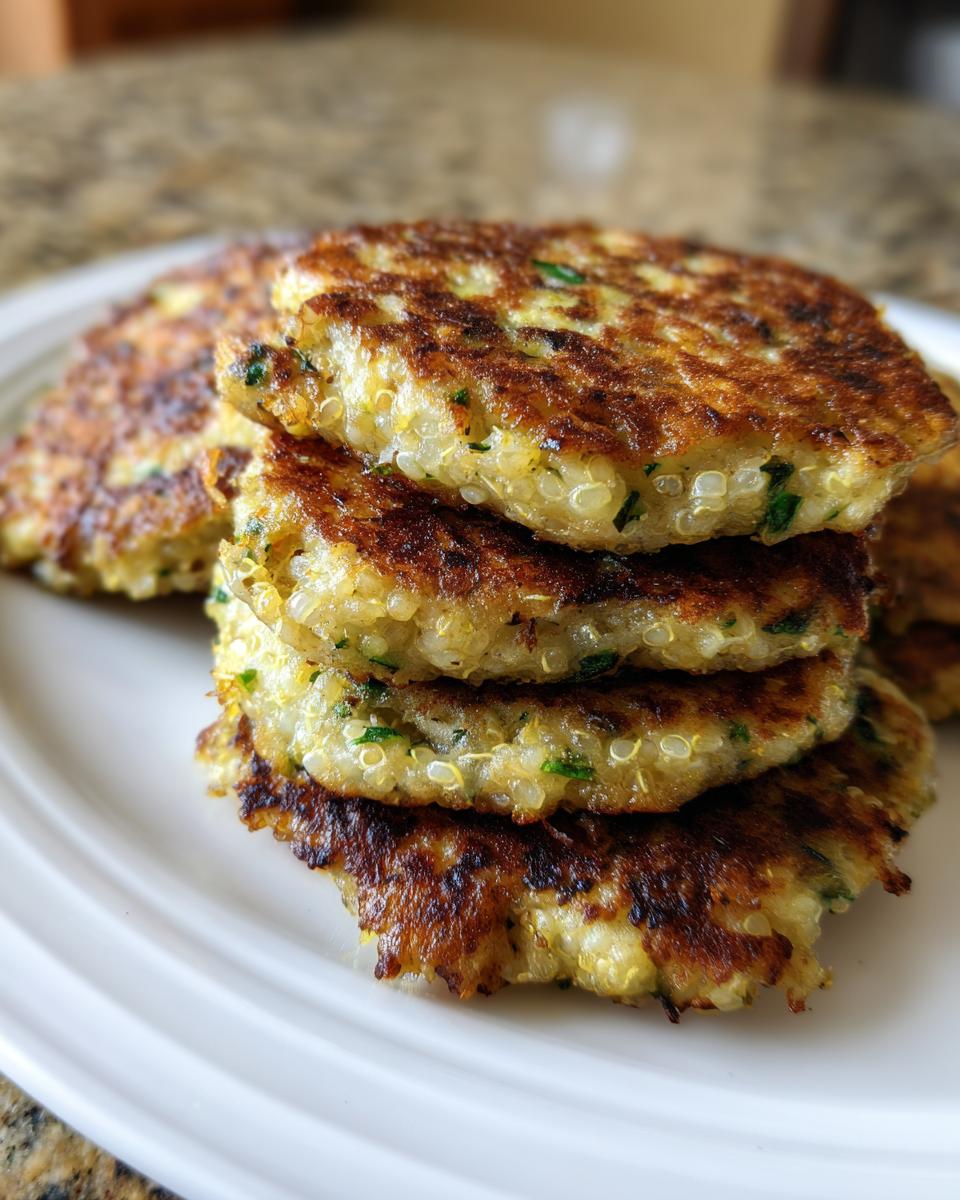 A stack of golden-brown Garlicky Cheesy Quinoa Zucchini Fritters on a white plate, showing visible quinoa grains and green herbs.
