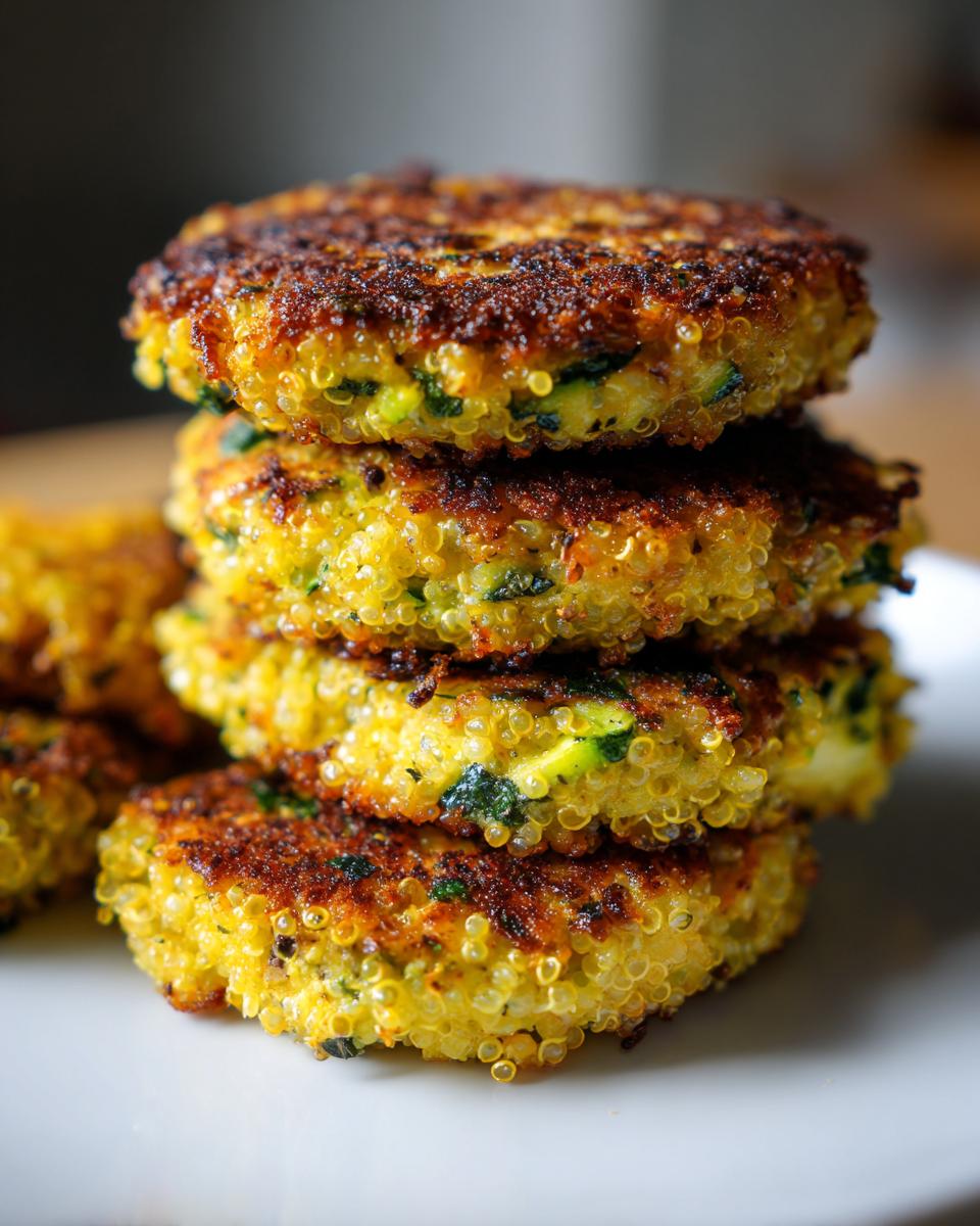 A stack of golden-brown Garlicky Cheesy Quinoa Zucchini Fritters, showcasing visible quinoa grains and flecks of green zucchini.