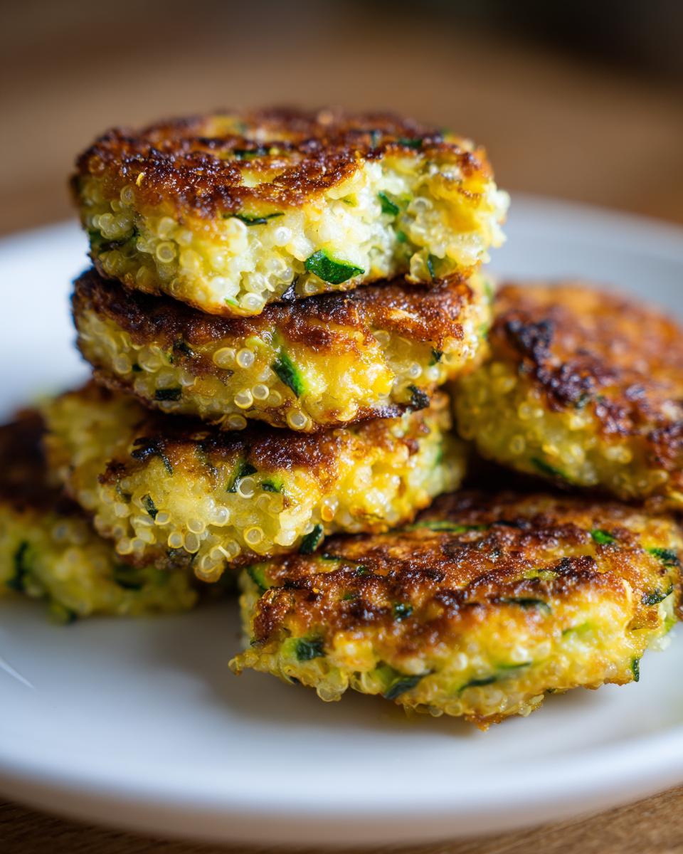 A stack of golden-brown Garlicky Cheesy Quinoa Zucchini Fritters on a white plate, showing visible quinoa grains and zucchini shreds.