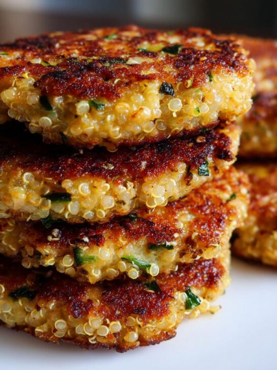 A stack of golden-brown Garlicky Cheesy Quinoa Zucchini Fritters on a white plate, showing visible quinoa grains and green herbs.